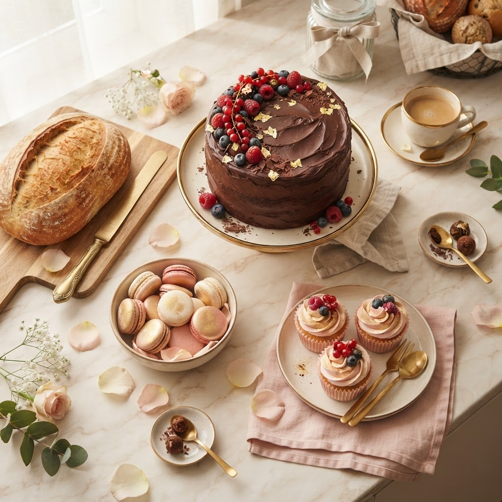 An artisanal spread of Sweet Whisk cakes, macarons and fresh bread